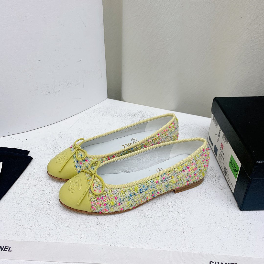 CHANEL ballet flat yellow red blue tweed grosgrain
