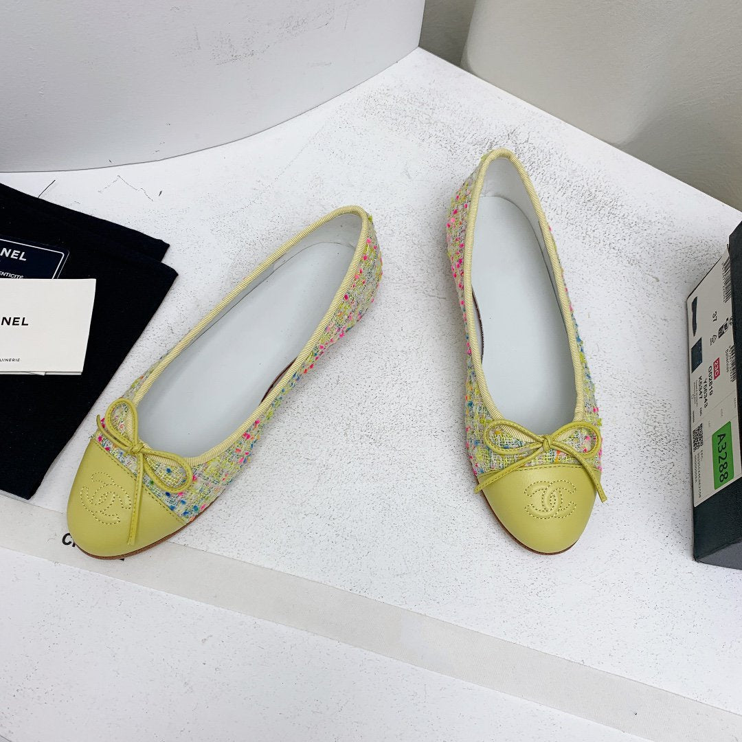 CHANEL ballet flat yellow red blue tweed grosgrain