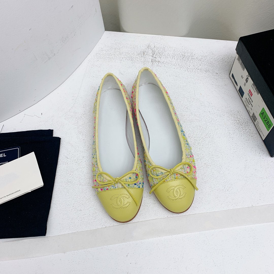 CHANEL ballet flat yellow red blue tweed grosgrain