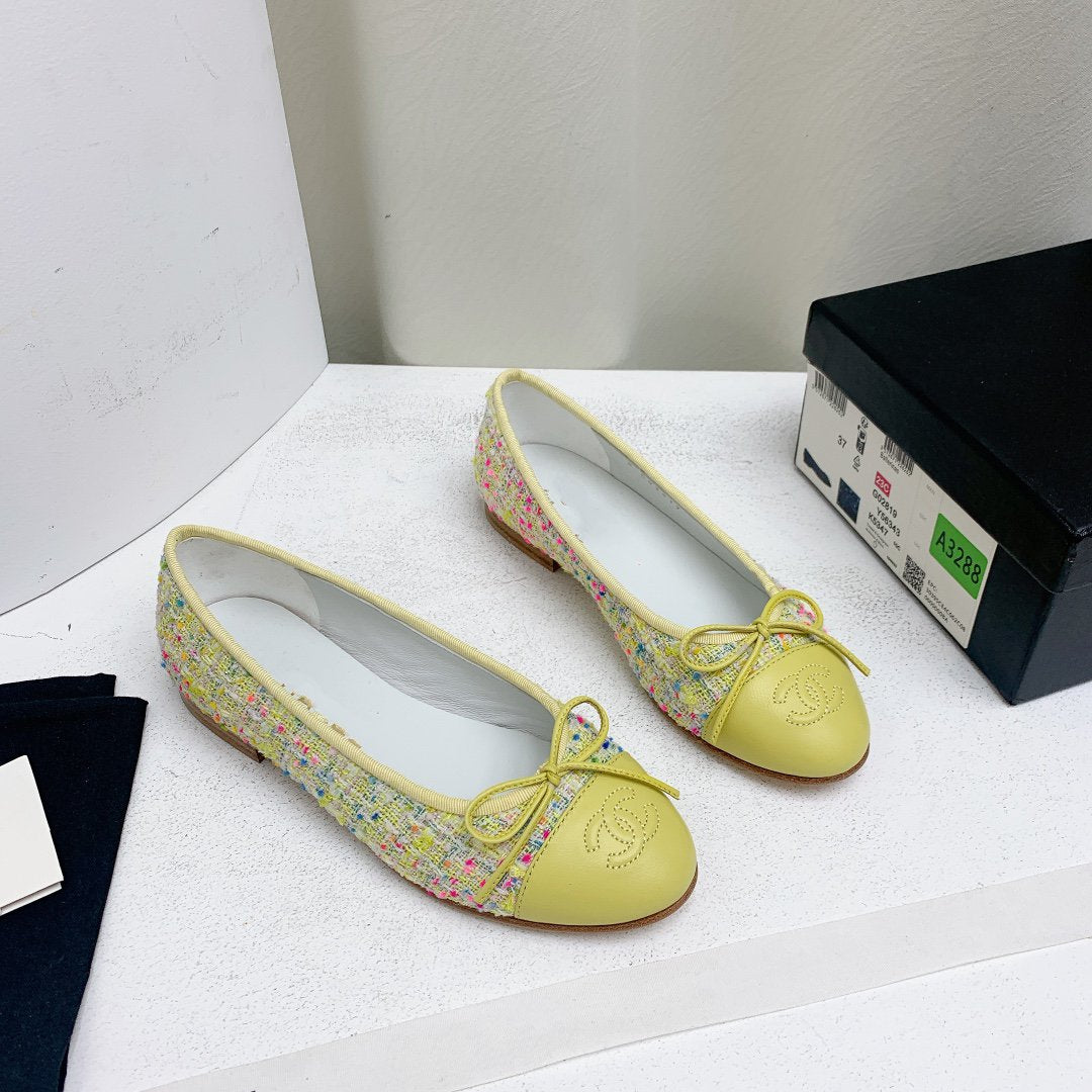 CHANEL ballet flat yellow red blue tweed grosgrain