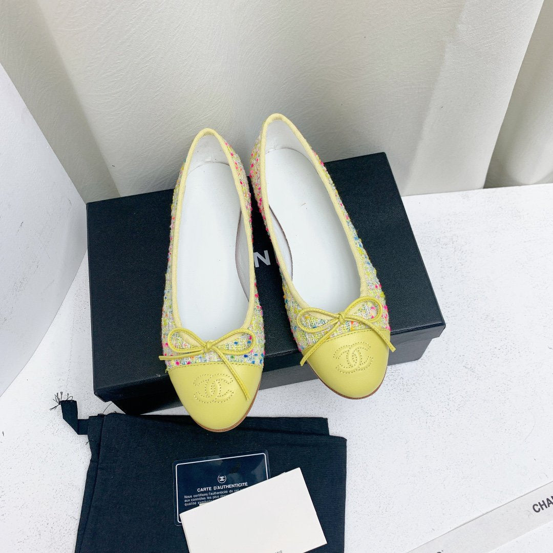 CHANEL ballet flat yellow red blue tweed grosgrain