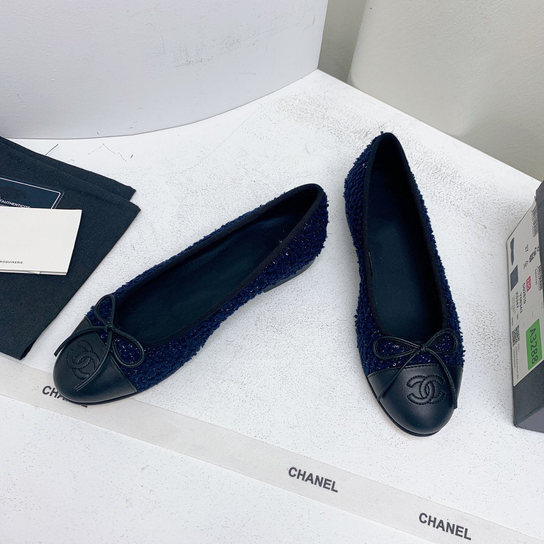 CHANEL ballet flat dark blue tweed black grosgrain