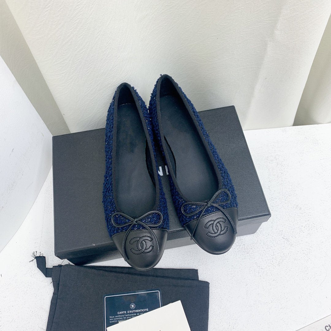 CHANEL ballet flat dark blue tweed black grosgrain