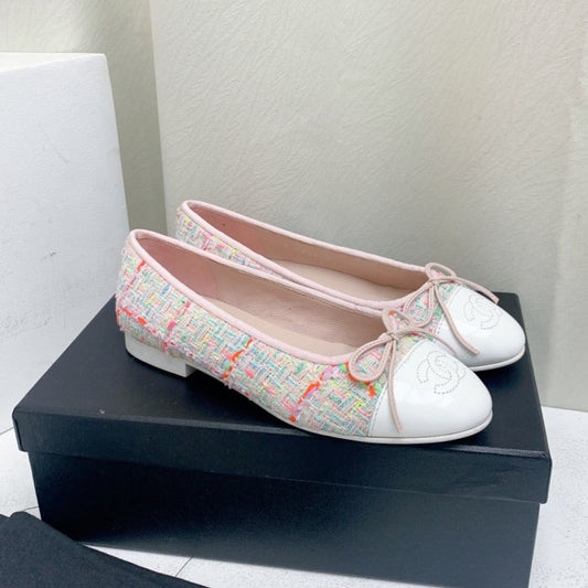 CHANEL ballet flat pink red white tweed grosgrain