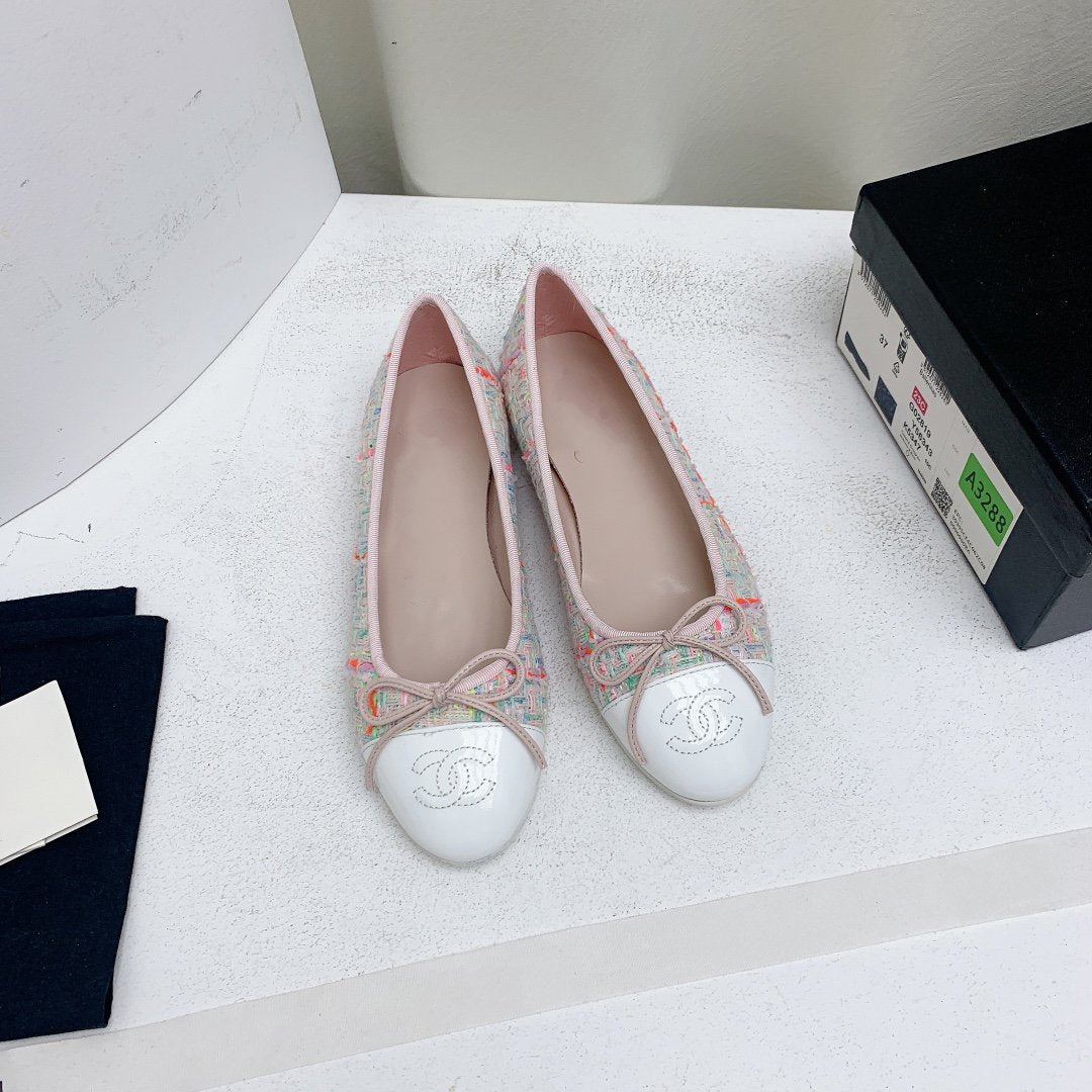 CHANEL ballet flat pink red white tweed grosgrain