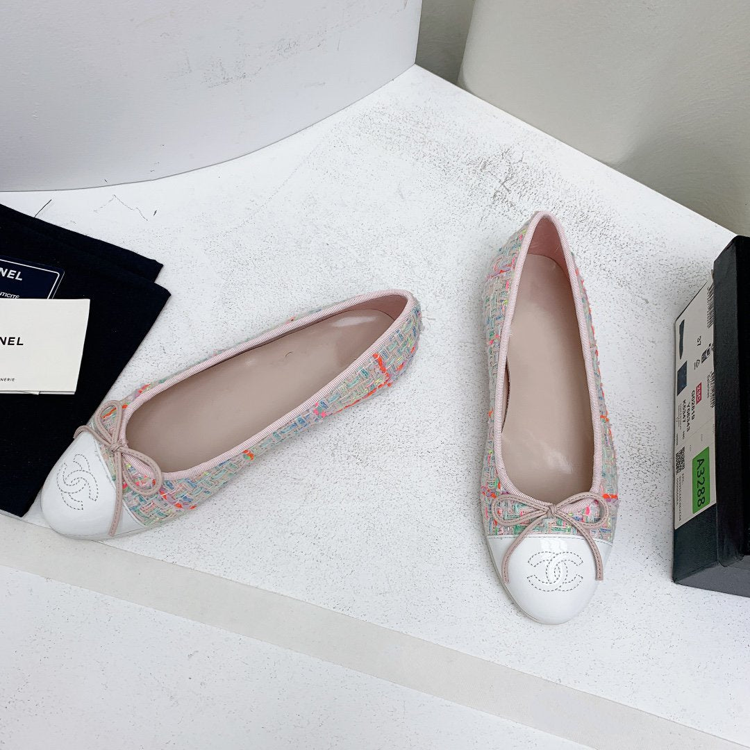 CHANEL ballet flat pink red white tweed grosgrain