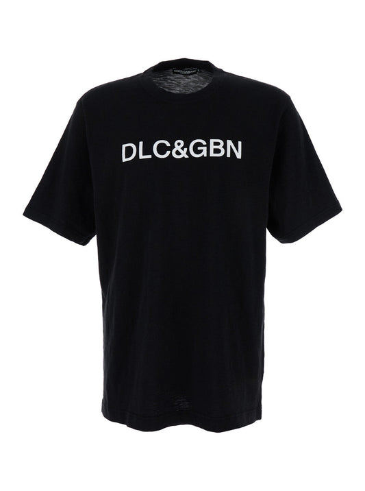 Dolce & Gabbana Men Black Crewneck T-Shirt With Contrasting Logo In Cotton Man
