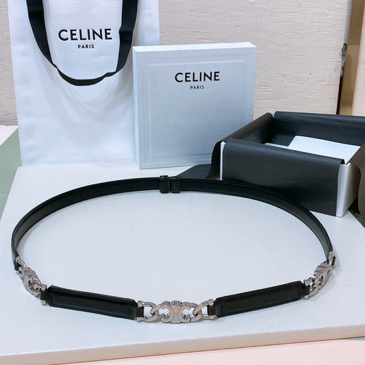 Celine SMALL 18 MM GOURMETTE TRIOMPHE ADJUSTABLE BELT IN BLACK LEATHER SILVER HARDWARE