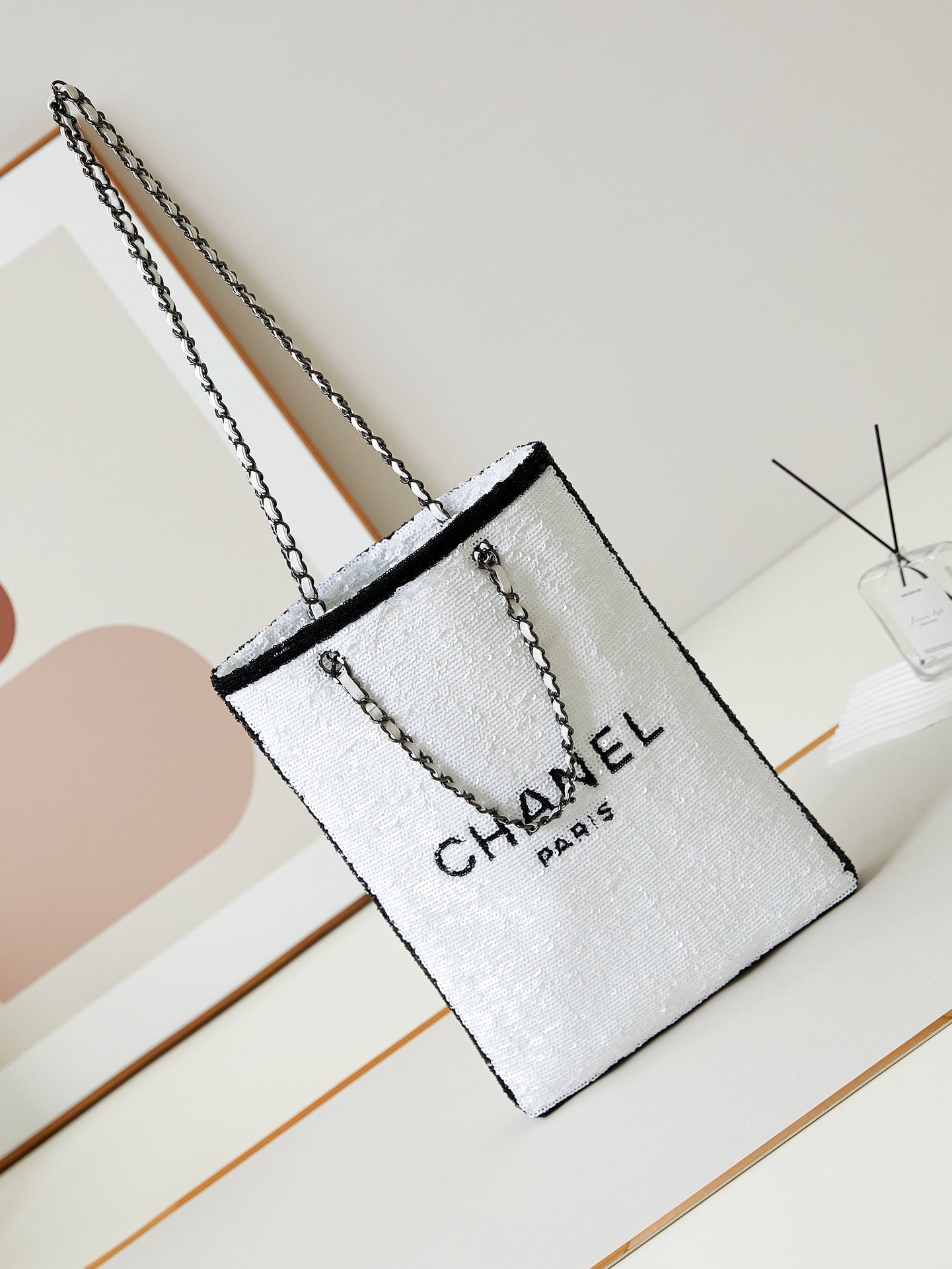 CHANEL 24s31 shopping bag white black sequins black hardware