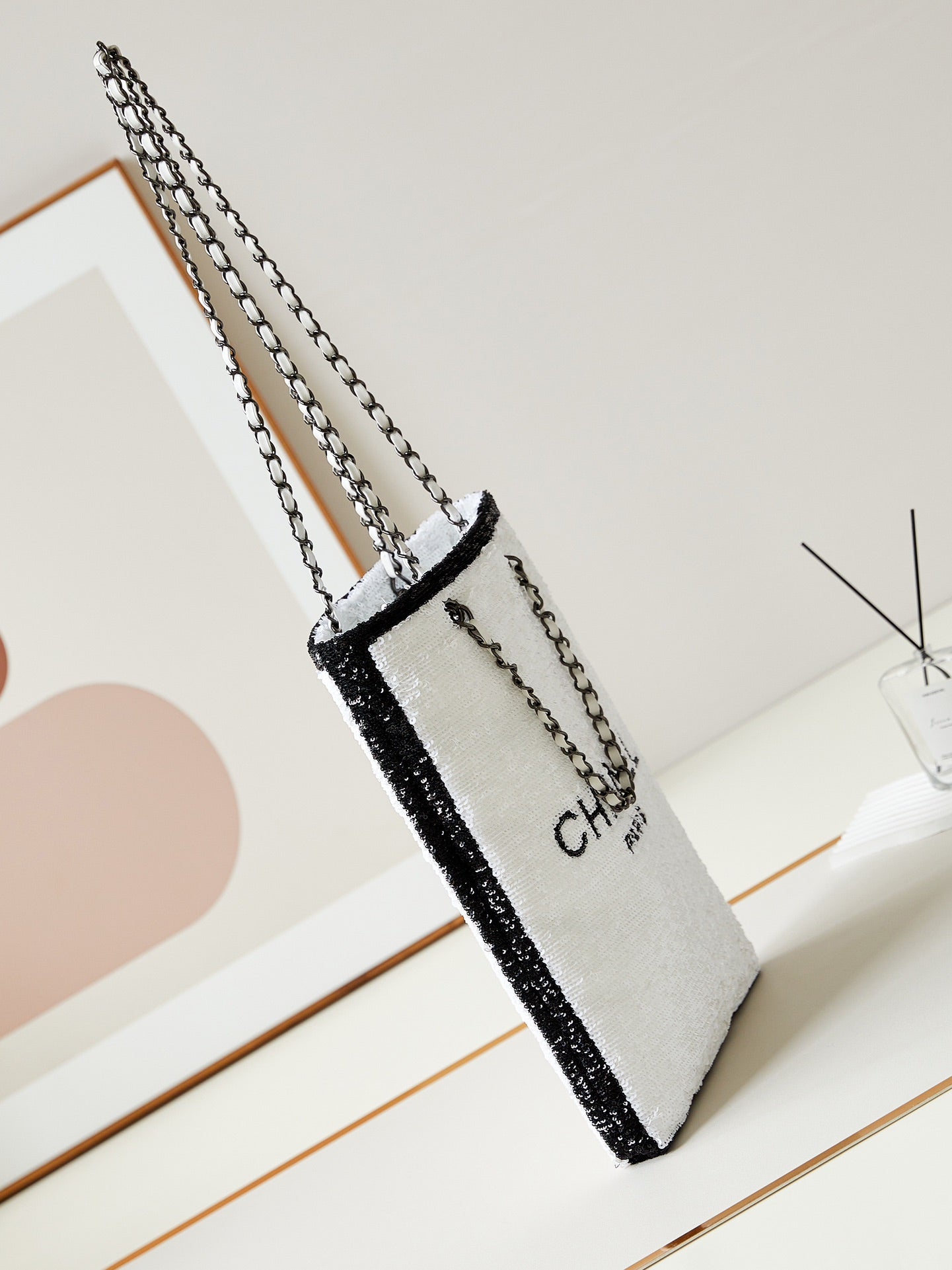 CHANEL 24s31 shopping bag white black sequins black hardware