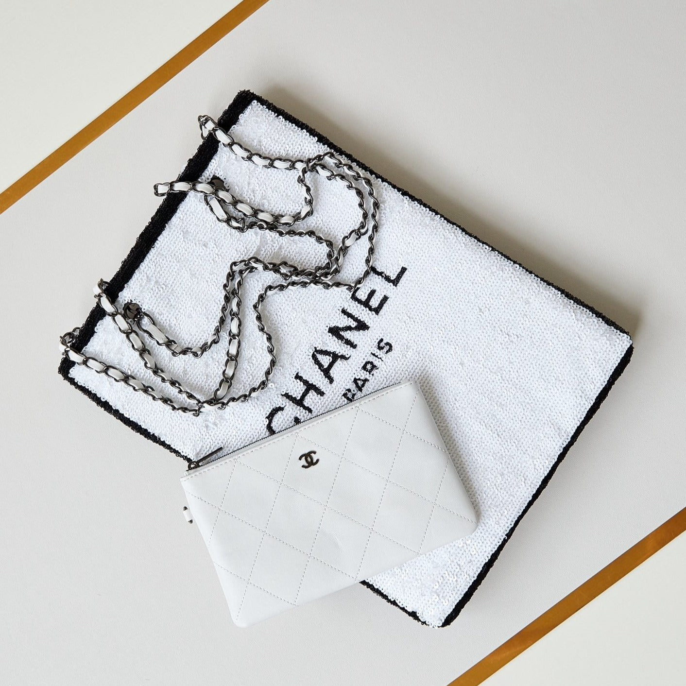 CHANEL 24s31 shopping bag white black sequins black hardware