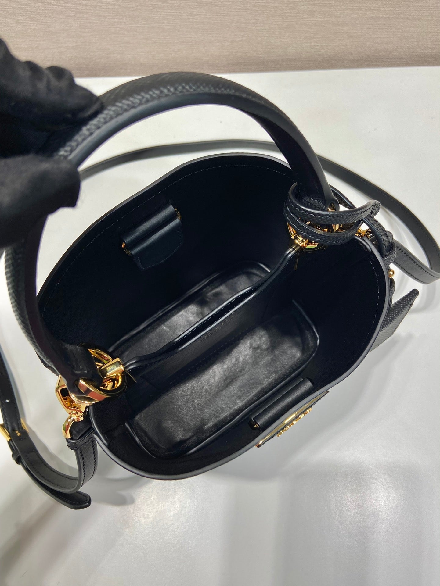 PRADA MINI BUCKET BAG 18 IN BLACK SAFFIANO LEATHER