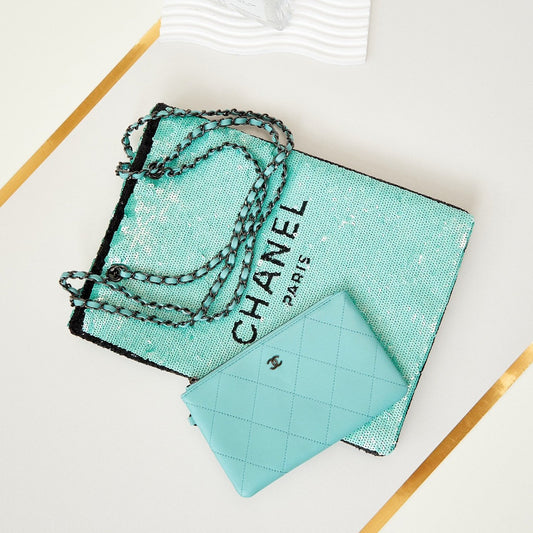 CHANEL 24s31 shopping bag blue black sequins black hardware