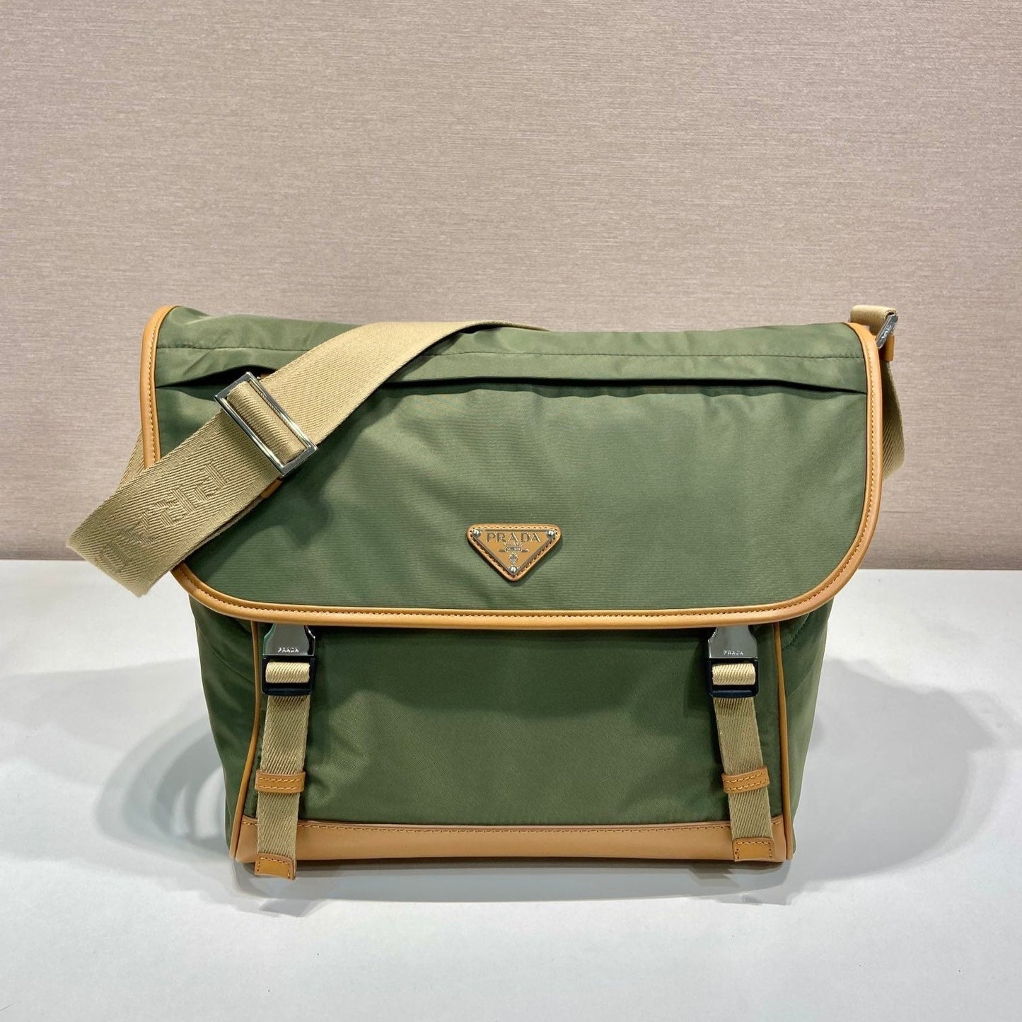 PRADA LARGE FLAP BAG 30 IN SEAWEED GREEN RE-NYLON AND BROWN CALFSKIN TRIM