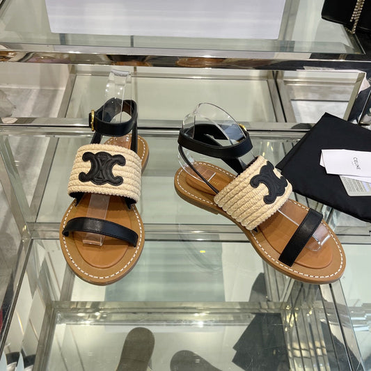 Celine LYMPIAR FLAT STRAP SANDAL IN RAFFIA CALFSKIN BLACK BEIGE
