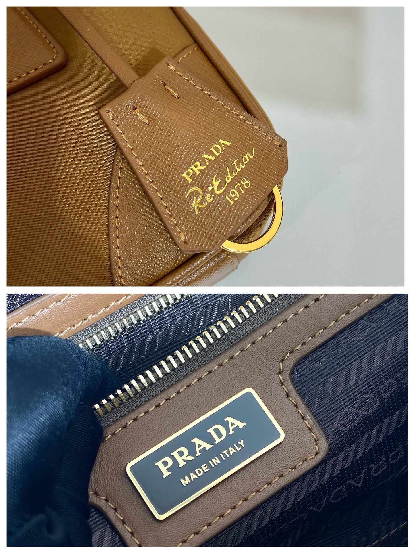 PRADA SMALL TOP HANDLE BAG 25 IN GOLDEN BROWN NYLON AND CALFSKIN TRIM