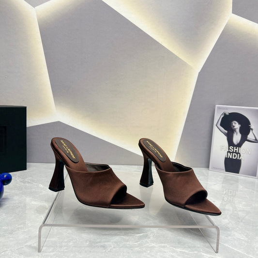 Saint Laurent SL GOLDIE MULES BROWN SATIN