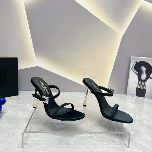 Saint Laurent SL CRYSTAL BUCKLE HIGH HEELS BLACK SATIN