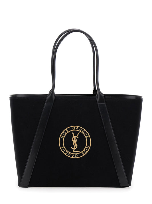 Saint Laurent Men 'Rive Gauche' Black Tote Bag With Embroidered Cassandre In Cotton Canvas Woman