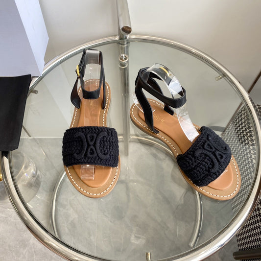 Celine LYMPIA SANDAL IN BLACK TRIOMPHE MACCRAMÉ COTTON AND CALFSKIN