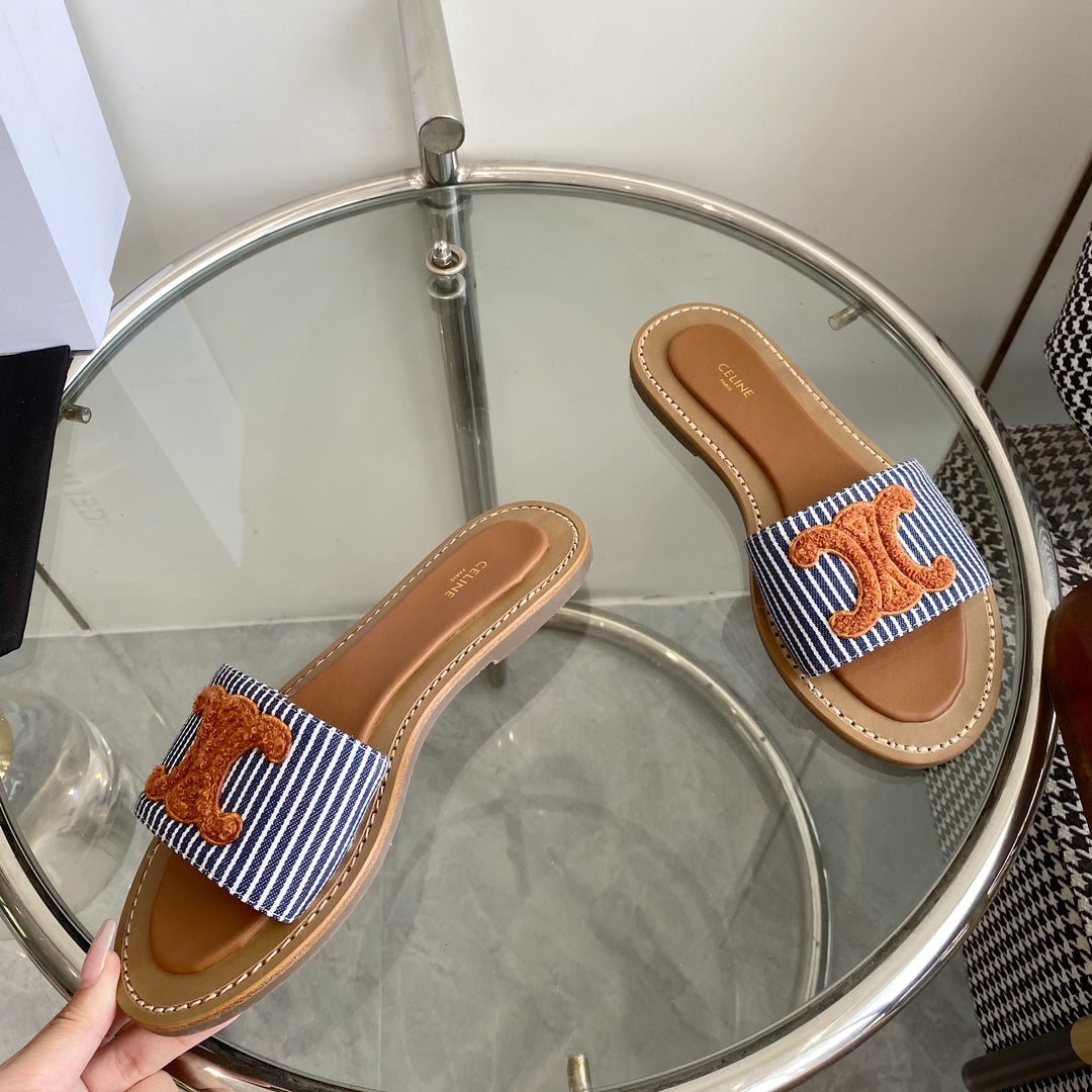 Celine CELINE 25 Slippers Blue Stripe Orange Denim 285981