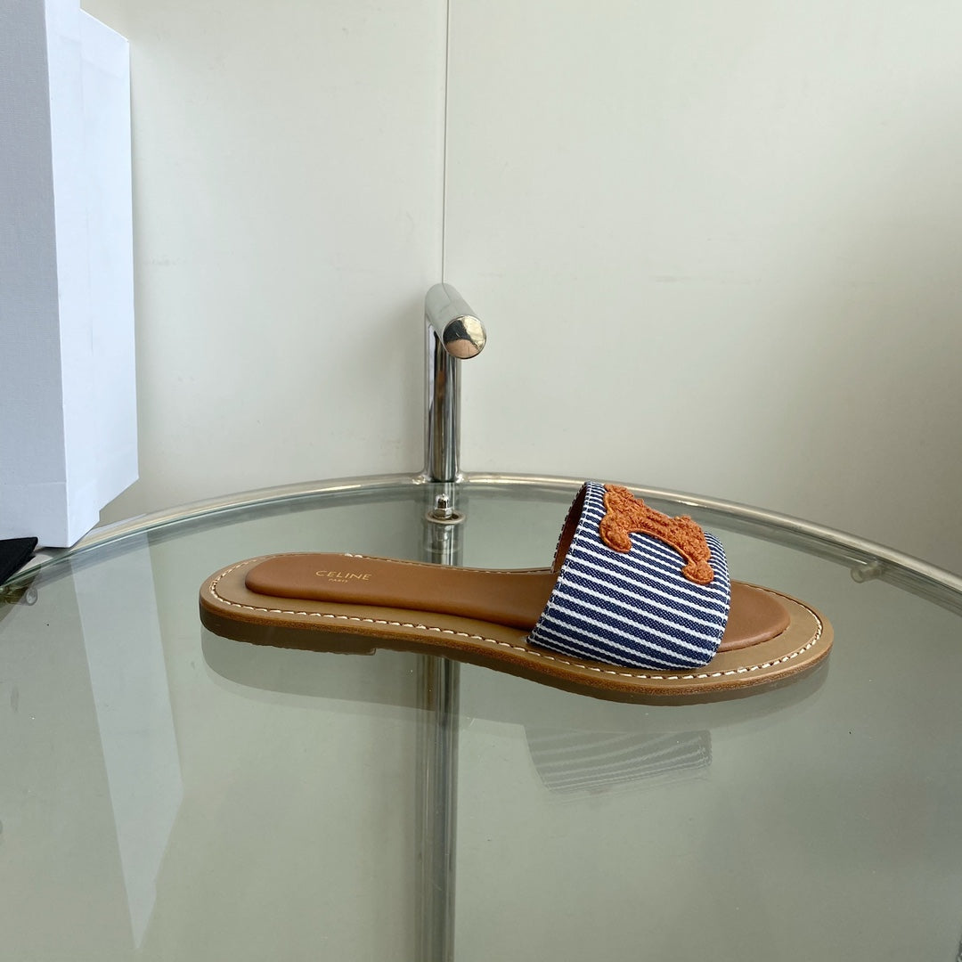Celine CELINE 25 Slippers Blue Stripe Orange Denim 285981