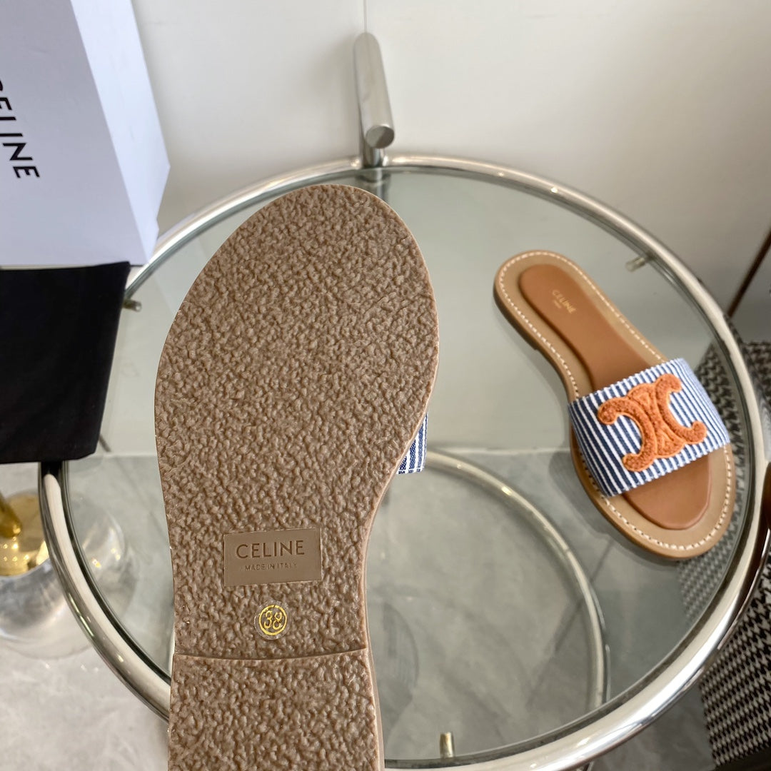 Celine CELINE 25 Slippers Blue Stripe Orange Denim 285981