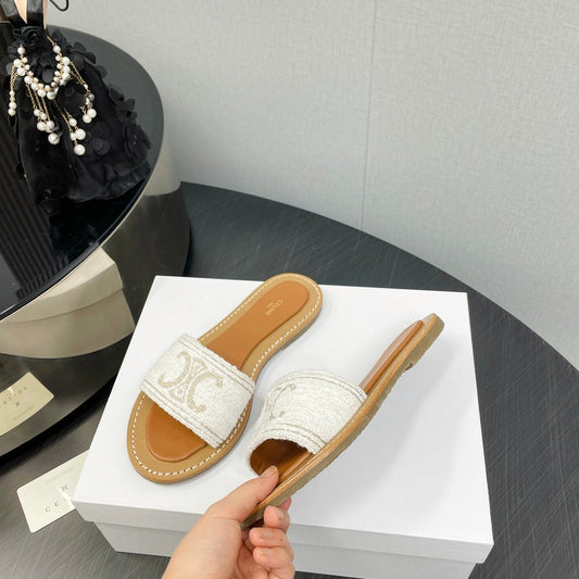 Celine LYMPIA MULE IN TRIOMPHE JACQUARD WOOLLEN FABRIC ECRU