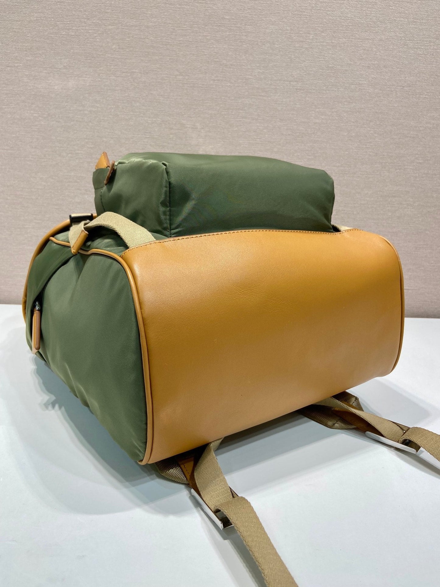 PRADA BACKPACK 45 IN SEAWEED GREEN RE-NYLON AND BROWN CALFSKIN TRIM