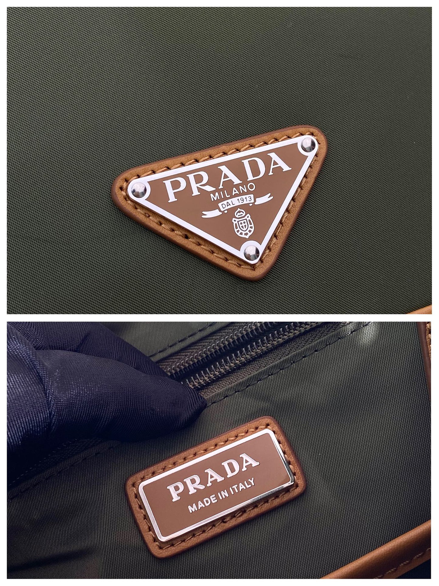 PRADA BACKPACK 45 IN SEAWEED GREEN RE-NYLON AND BROWN CALFSKIN TRIM