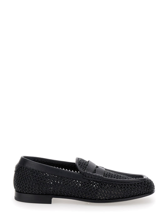Dolce & Gabbana Men Black Slip-On Loafers In Woven Rafia Man