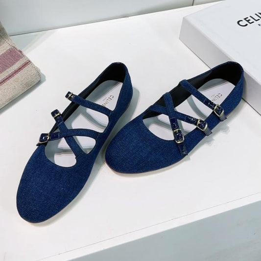 Celine FLAT MARY JANE IN NAVY BLUE FABRIC
