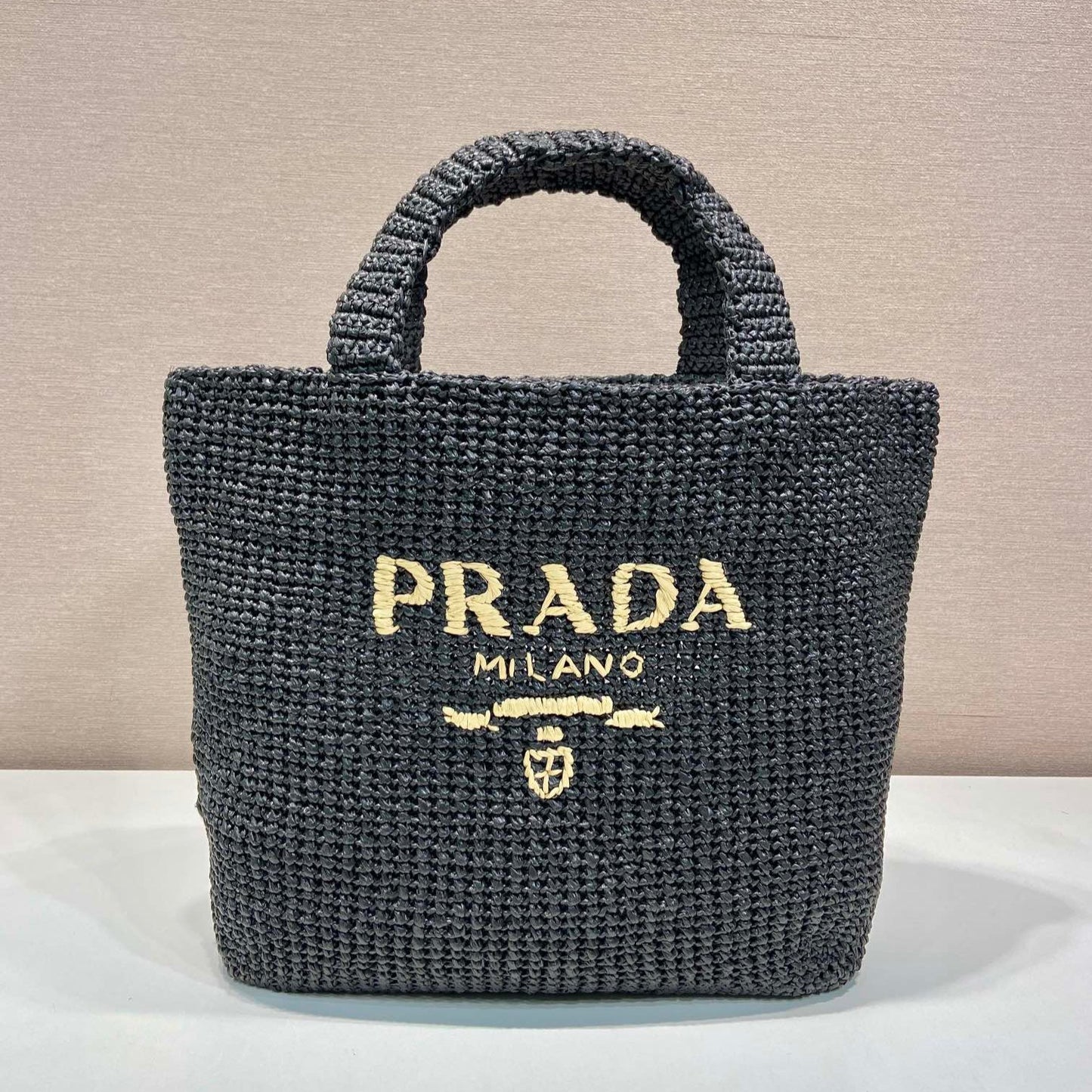 PRADA LARGE CROCHET TOTE BAG 47 IN BLACK MIX YELLOW RAFFIA