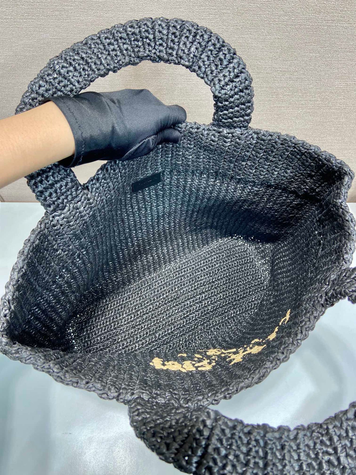 PRADA LARGE CROCHET TOTE BAG 47 IN BLACK MIX YELLOW RAFFIA