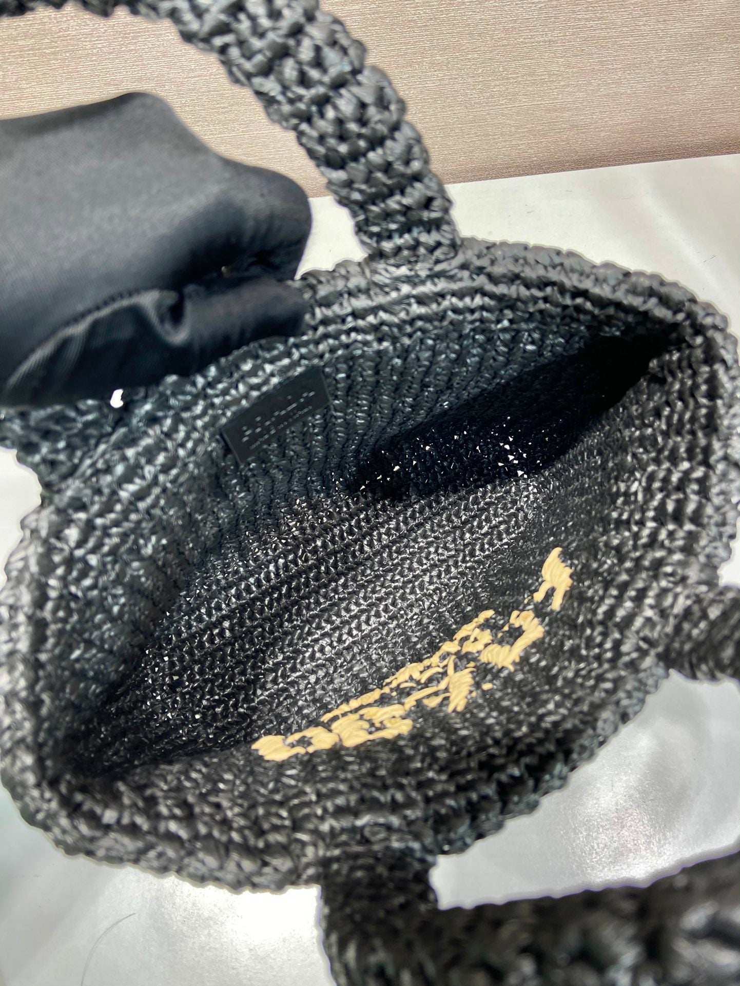 PRADA SMALL CROCHET TOTE BAG 24 IN BLACK MIX YELLOW RAFFIA