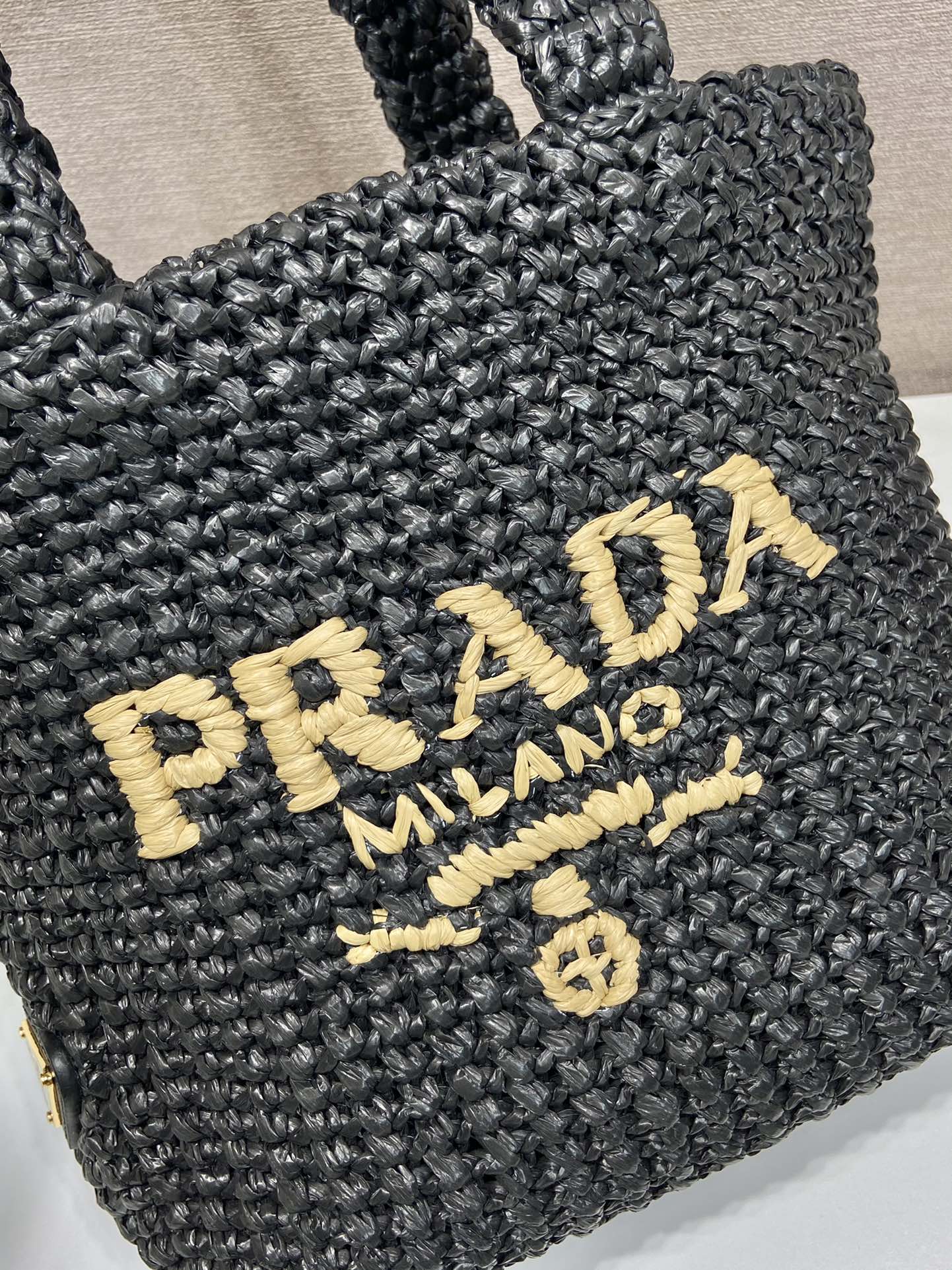 PRADA SMALL CROCHET TOTE BAG 24 IN BLACK MIX YELLOW RAFFIA