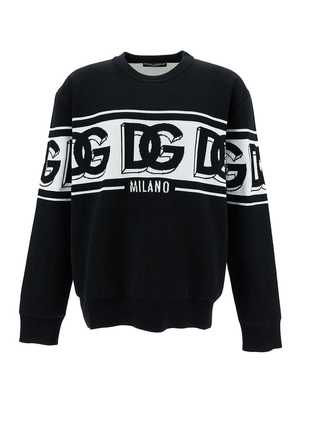Dolce & Gabbana Men Black Crewneck Sweater With Dg Motif In Wool Blend Man