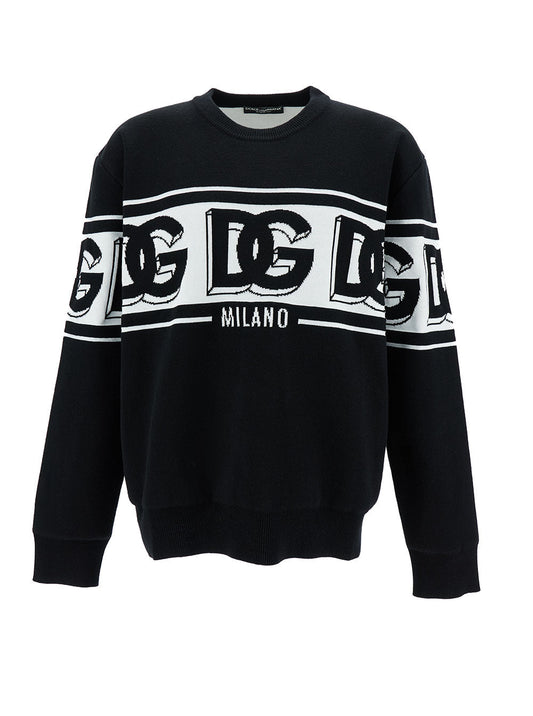 Dolce & Gabbana Men Black Crewneck Sweater With Dg Motif In Wool Blend Man