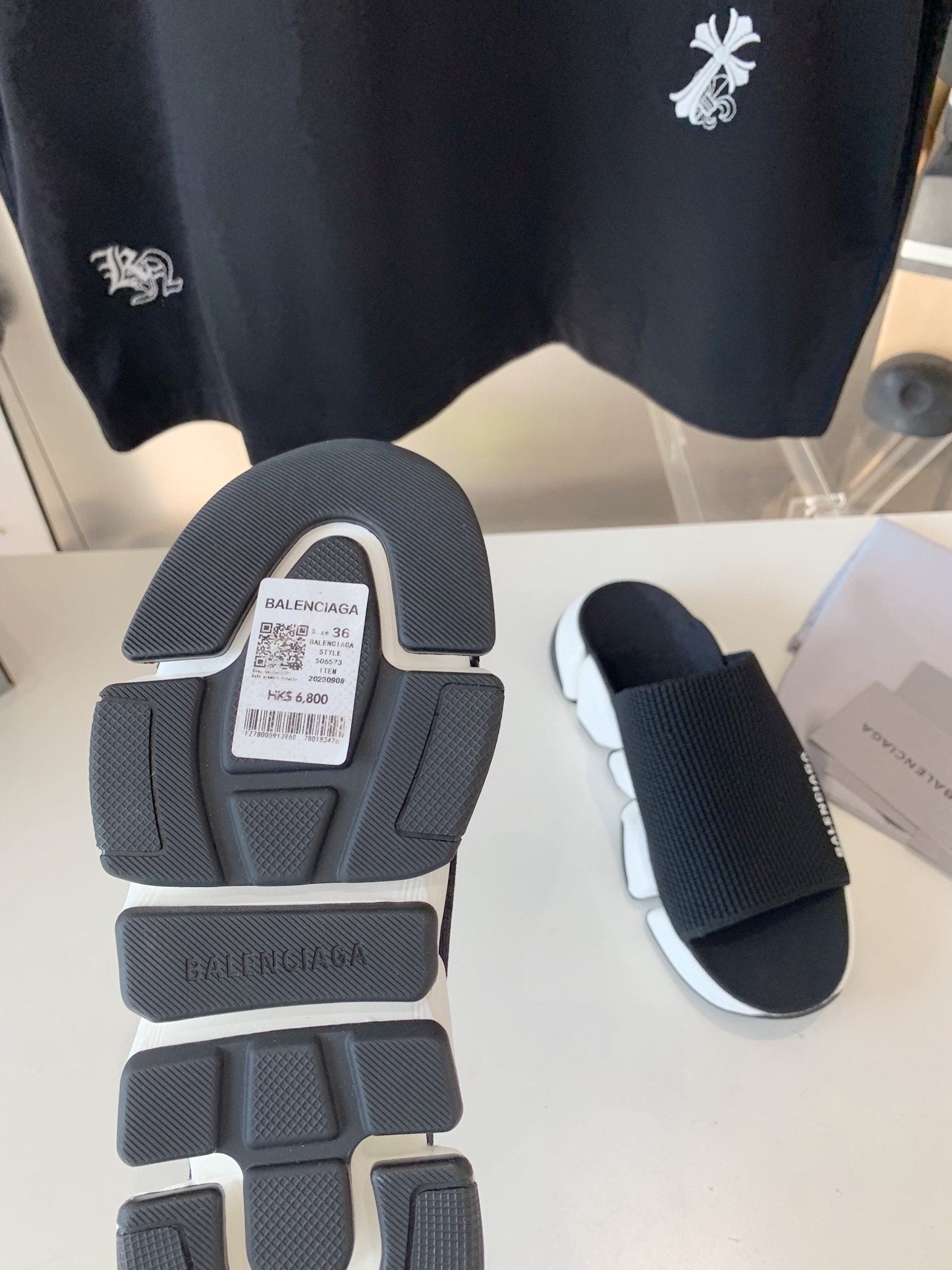 Balanciaga SPEED 2.0 SLIDE SANDAL IN BLACK RECYCLED KNIT AND WHITE SOLE