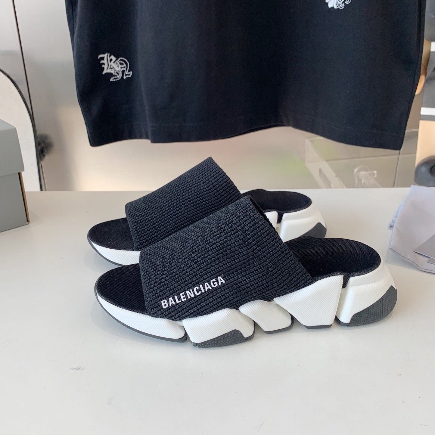 Balanciaga SPEED 2.0 SLIDE SANDAL IN BLACK RECYCLED KNIT AND WHITE SOLE