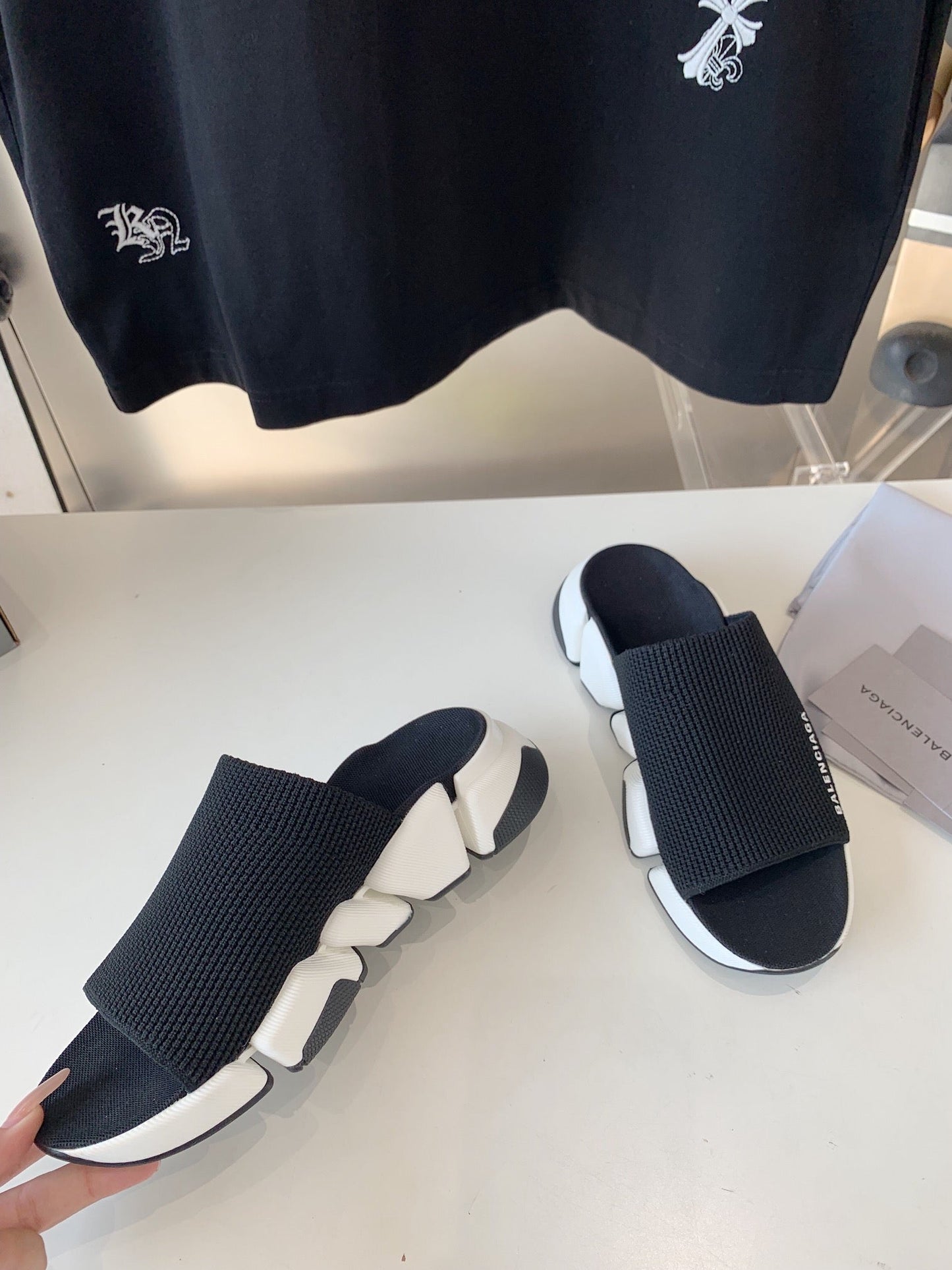 Balanciaga SPEED 2.0 SLIDE SANDAL IN BLACK RECYCLED KNIT AND WHITE SOLE