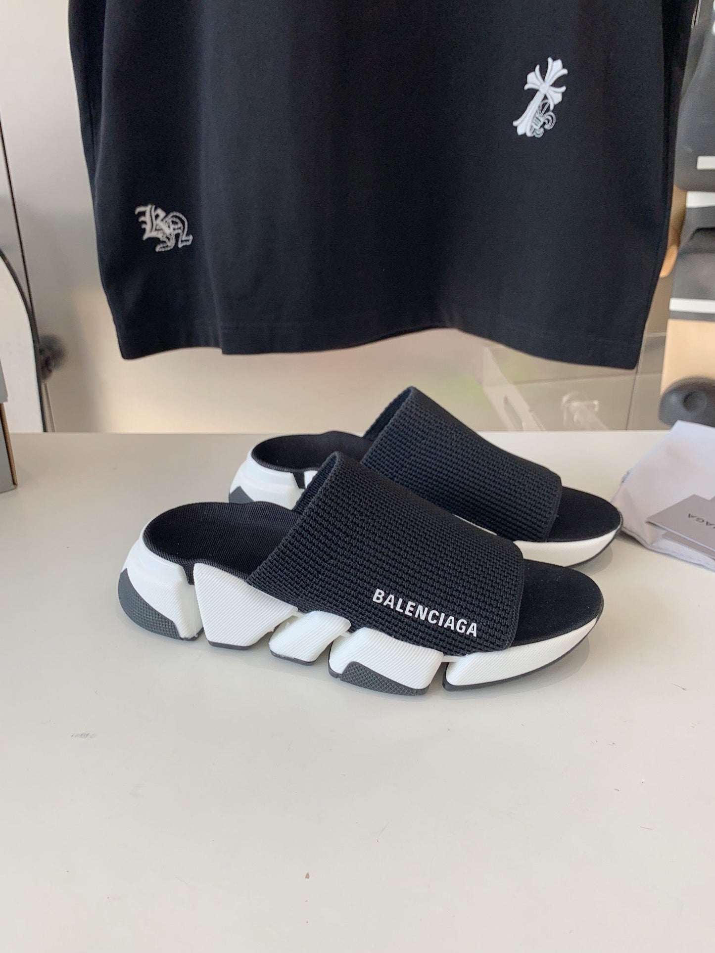 Balanciaga SPEED 2.0 SLIDE SANDAL IN BLACK RECYCLED KNIT AND WHITE SOLE