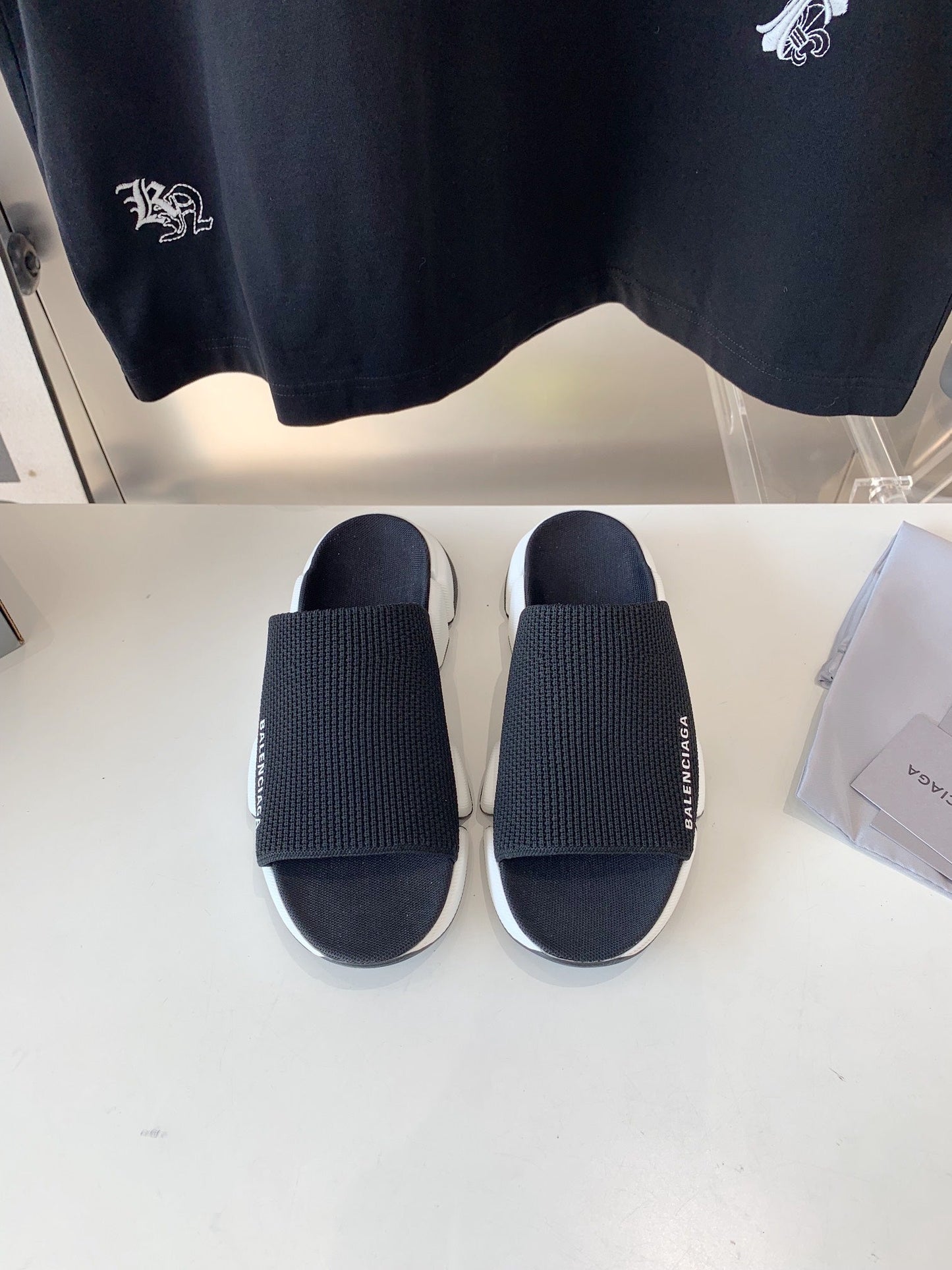 Balanciaga SPEED 2.0 SLIDE SANDAL IN BLACK RECYCLED KNIT AND WHITE SOLE