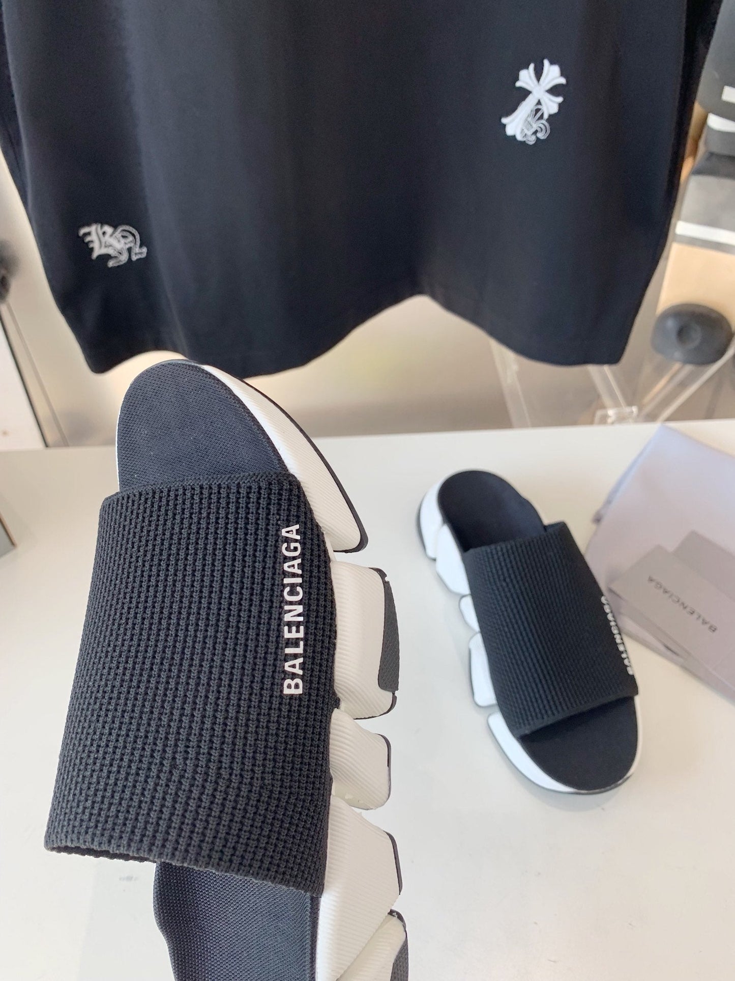 Balanciaga SPEED 2.0 SLIDE SANDAL IN BLACK RECYCLED KNIT AND WHITE SOLE