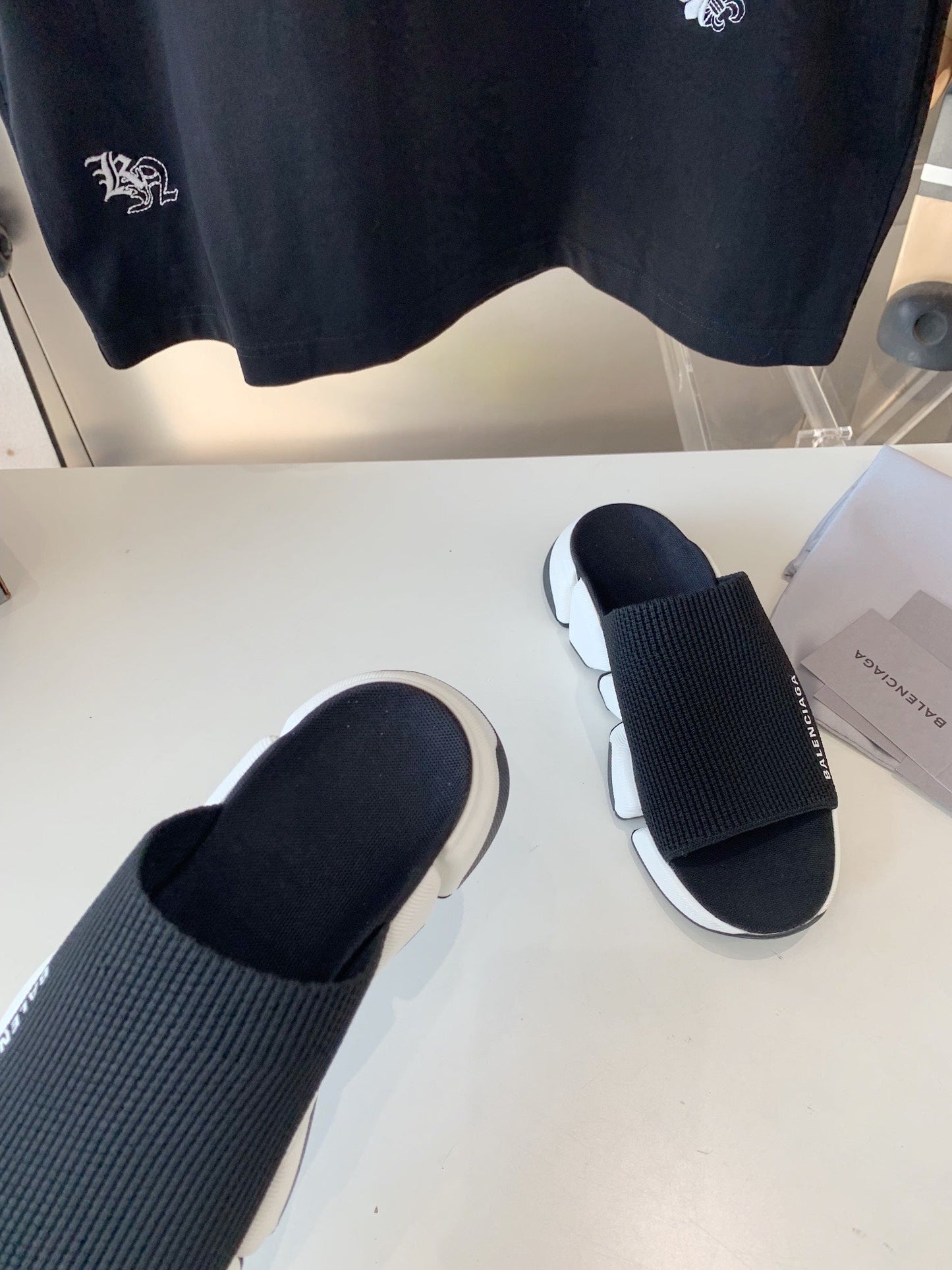Balanciaga SPEED 2.0 SLIDE SANDAL IN BLACK RECYCLED KNIT AND WHITE SOLE