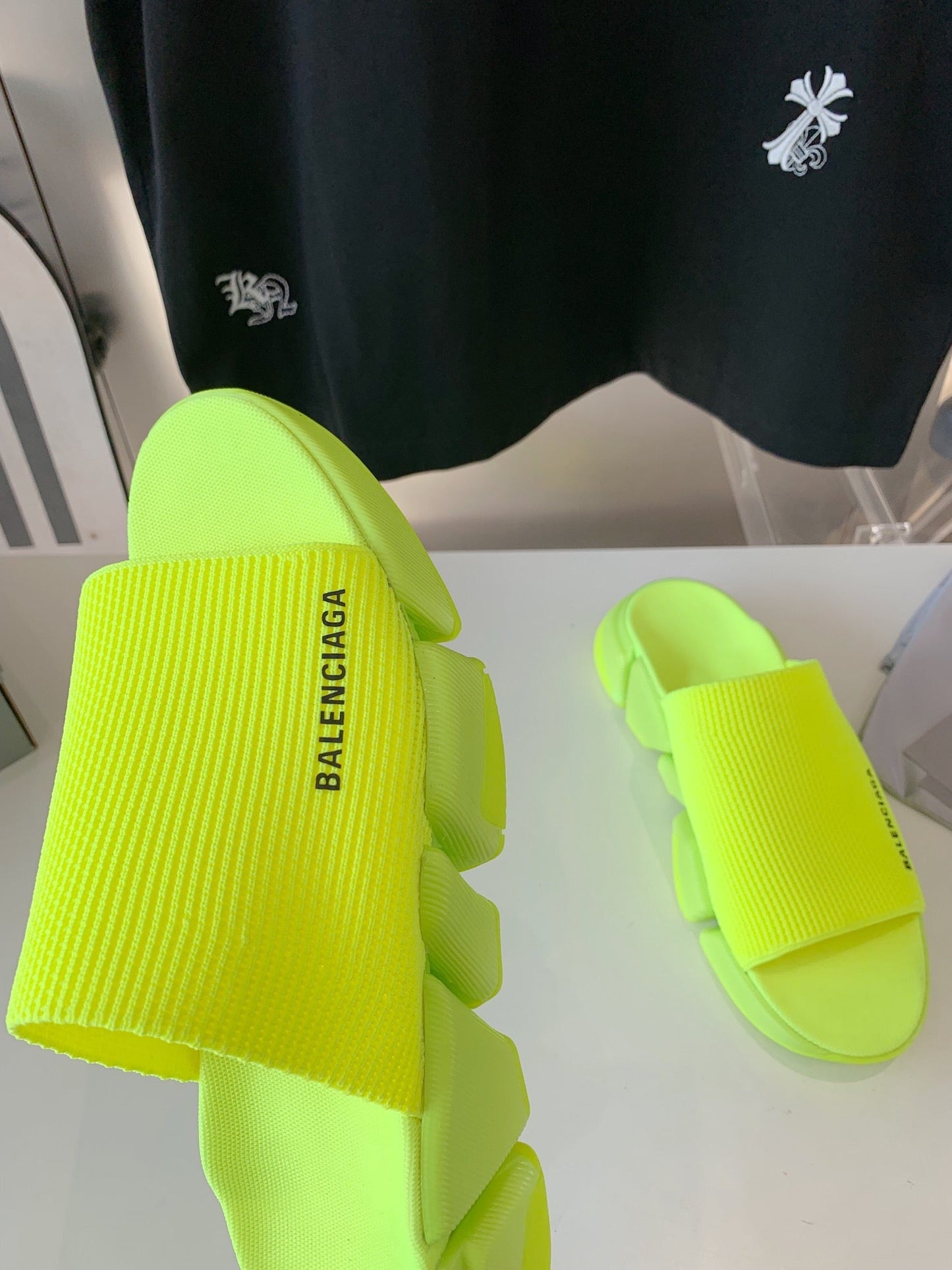 Balanciaga SPEED 2.0 SLIDE SANDAL IN NEON GREEN RECYCLED KNIT