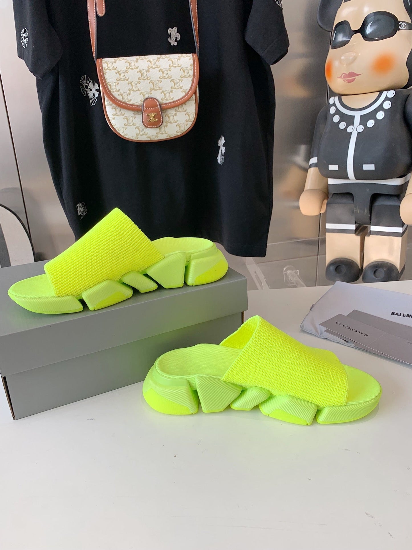 Balanciaga SPEED 2.0 SLIDE SANDAL IN NEON GREEN RECYCLED KNIT
