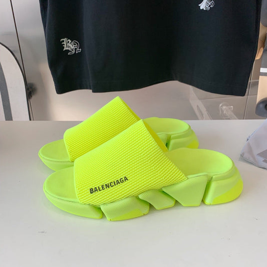Balanciaga SPEED 2.0 SLIDE SANDAL IN NEON GREEN RECYCLED KNIT