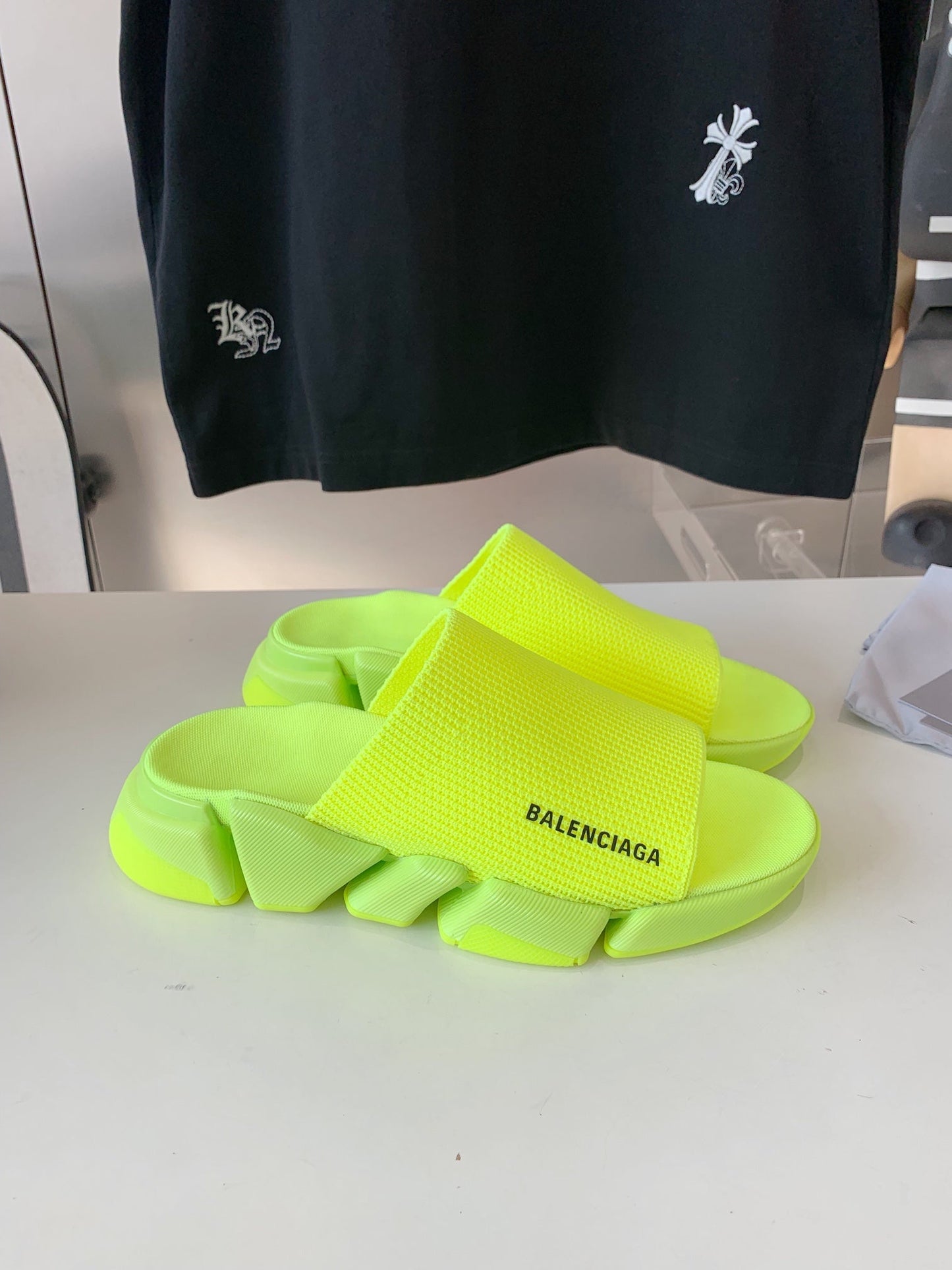 Balanciaga SPEED 2.0 SLIDE SANDAL IN NEON GREEN RECYCLED KNIT