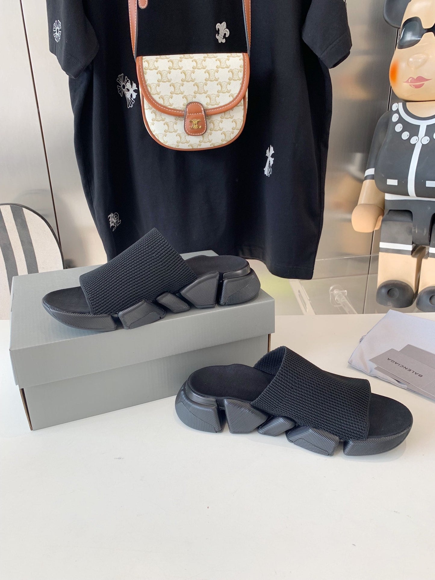 Balanciaga SPEED 2.0 SLIDE SANDAL IN BLACK RECYCLED KNIT AND BLACK SOLE